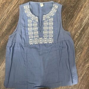 Blue Tank Top with White Embroidered Detailing